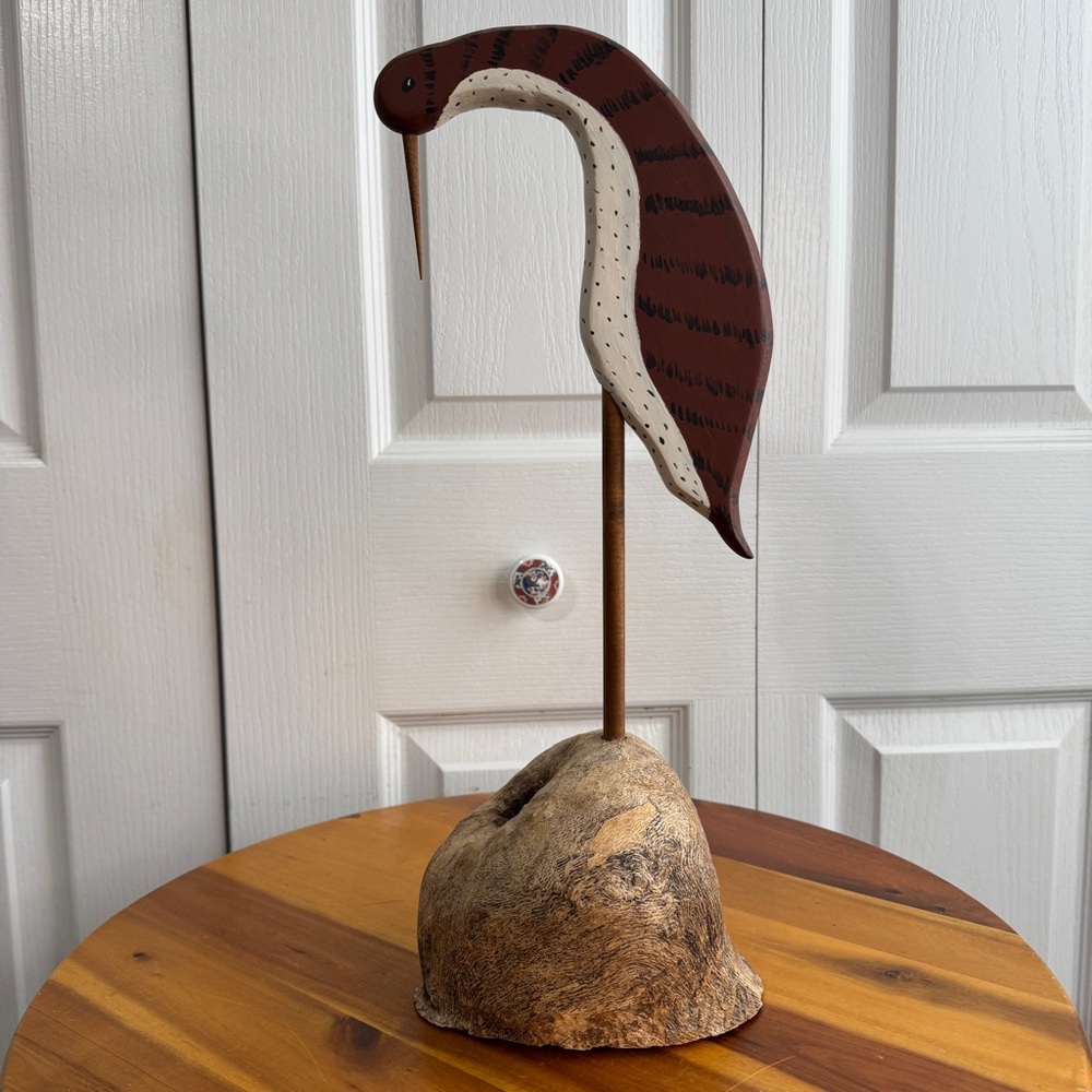 Handmade wooden shorebird on a gourd